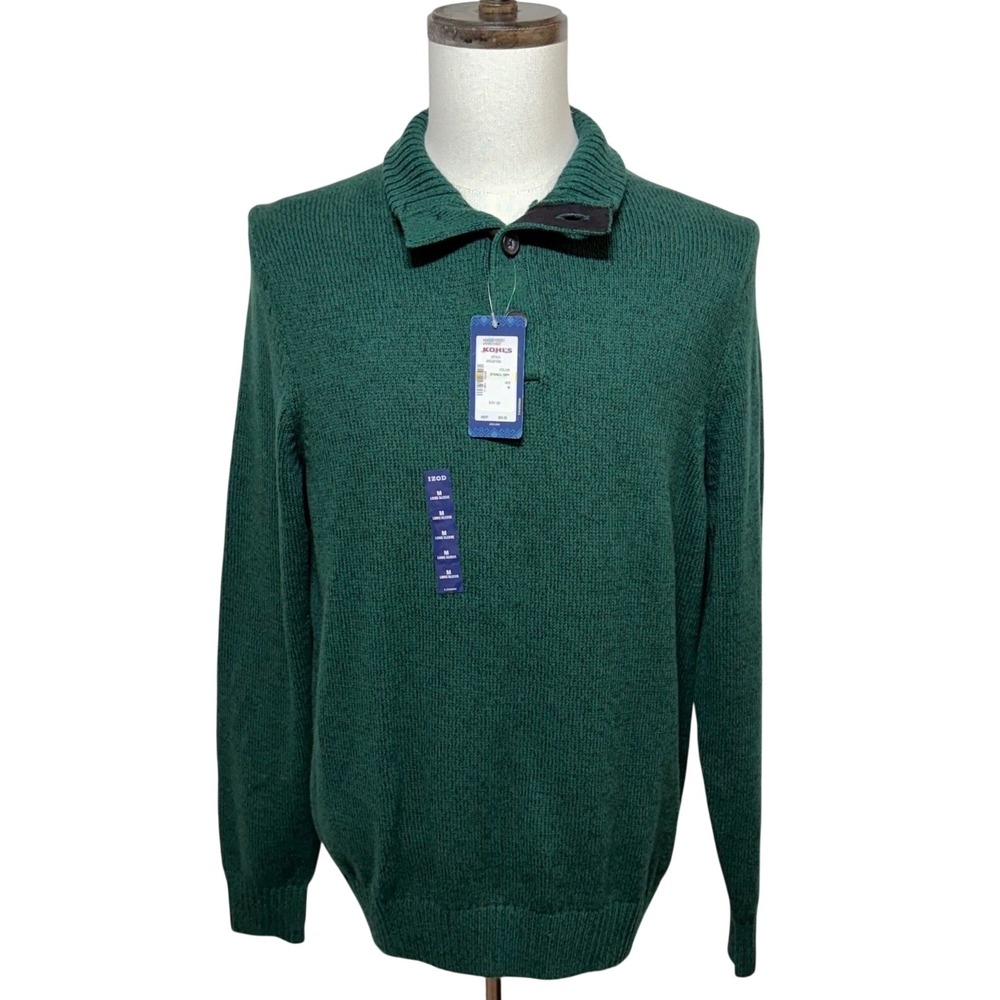 NEW IZOD Sweater Mens Medium Green Rib Mock Neck 1/4 Button Pullover Long Sleeve